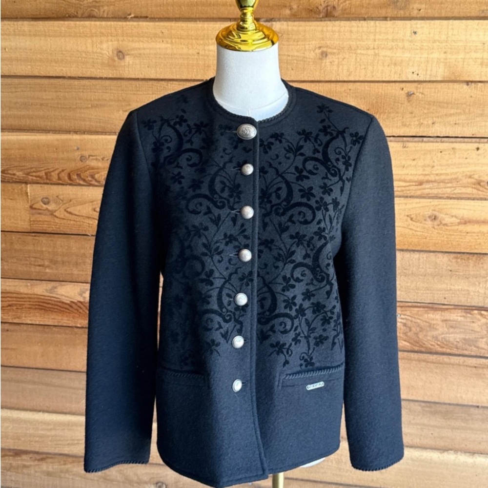 Geiger Collection Austrian Boiled Wool Jacket- Floral Embroidered Charcoal Grey